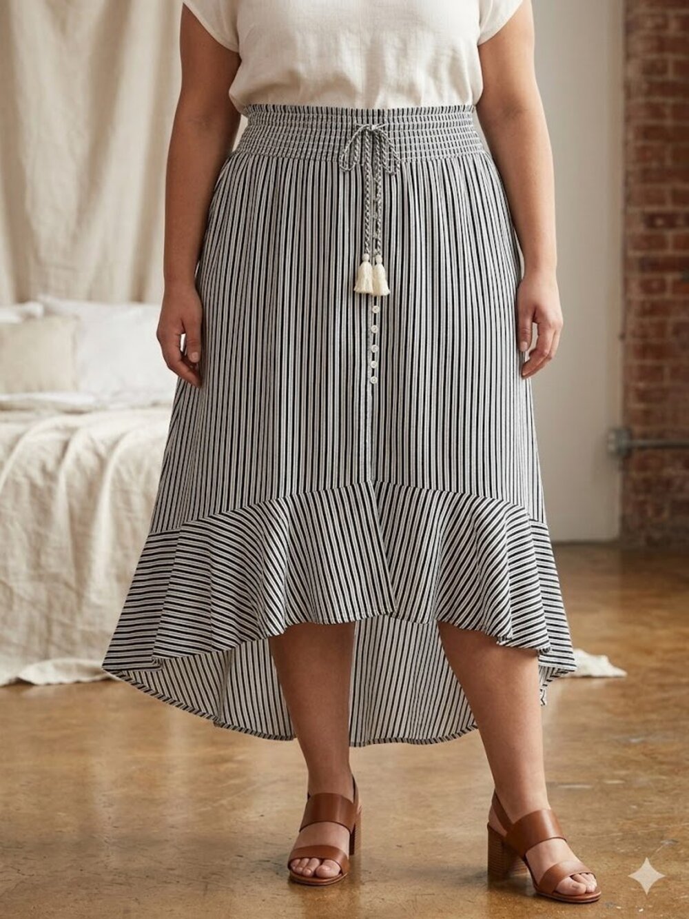 Skirt 22 XXXL Maxi Hi Lo Black White Stripe Flowy Boho Smocked Summer Beach NWT